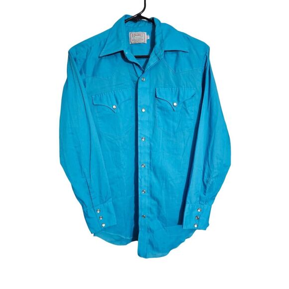 H Bar C Teal Pearl Snap Western Collared Shirt Vintage 14 1/2 Neck EUC - Picture 1 of 4